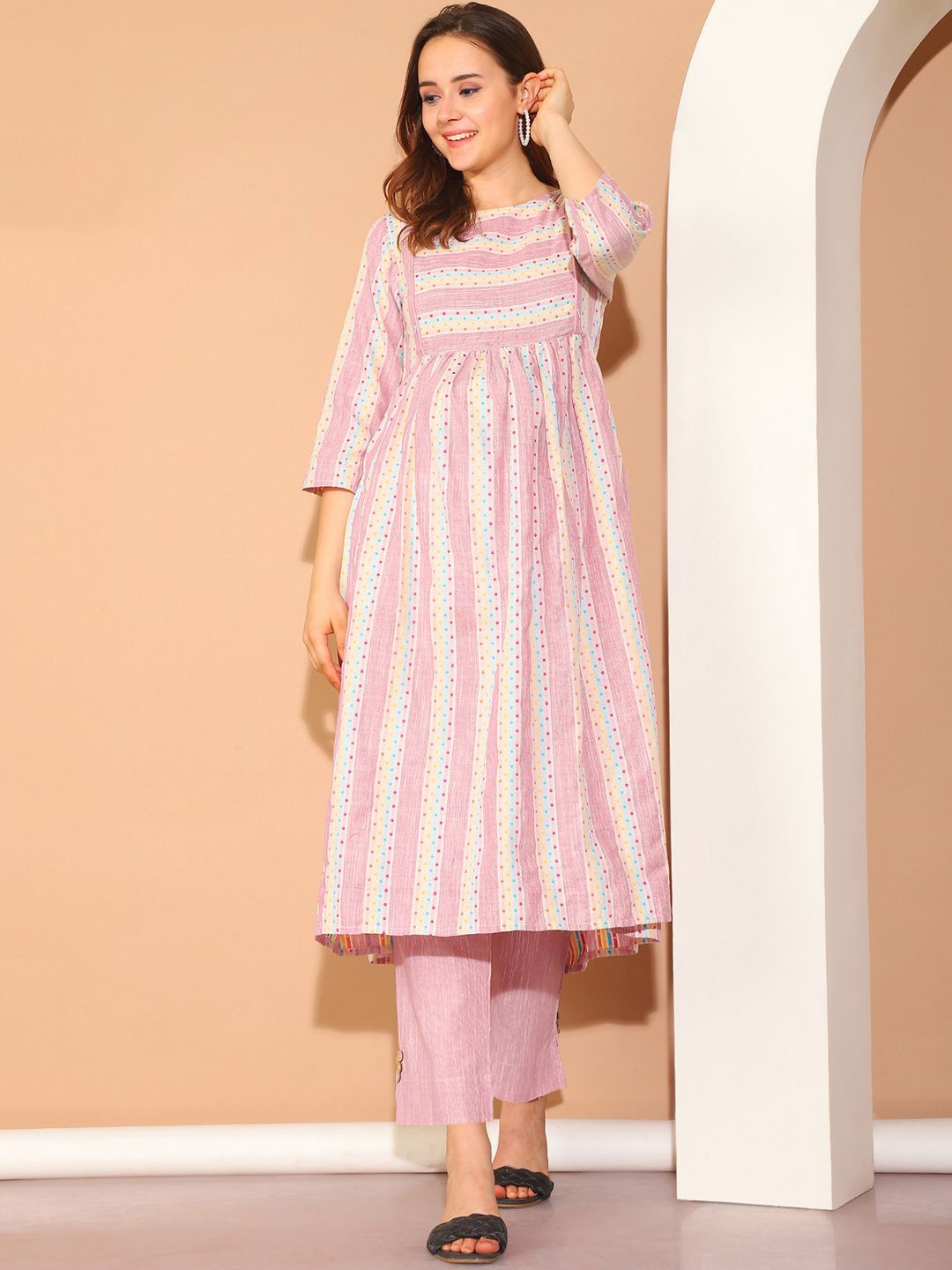 

Moms Maternity Striped Pure Cotton Anarkali Maternity Kurta With Trousers, Pink