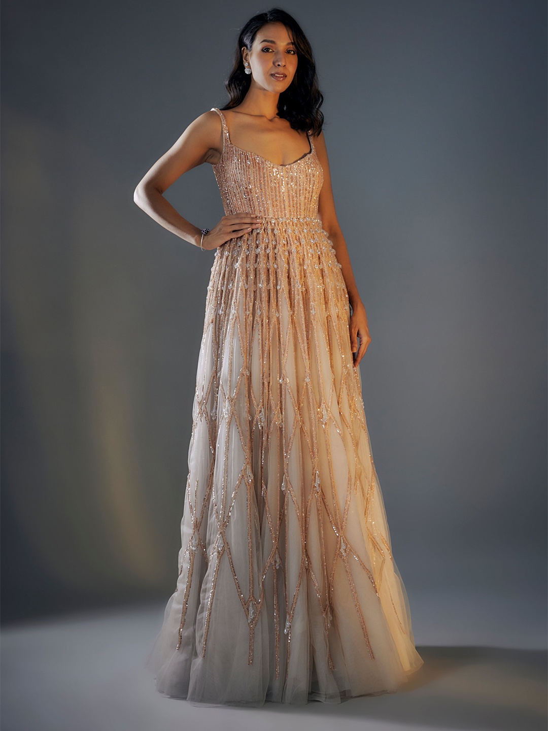 

Masumi Mewawalla Shoulder Strap Embellished Net Gown, Grey