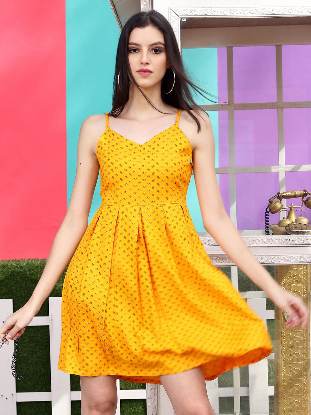 

Sera Ethnic Motifs Print A-Line Mini Dress, Yellow
