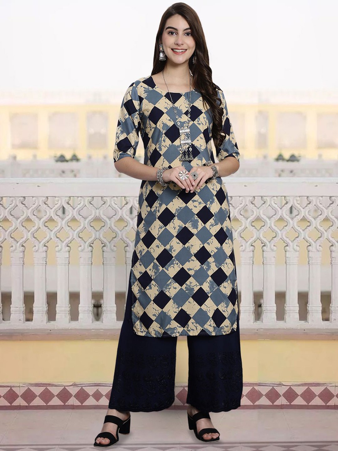 

7Threads Geometric Printed Round Neck Straight Kurta, Beige