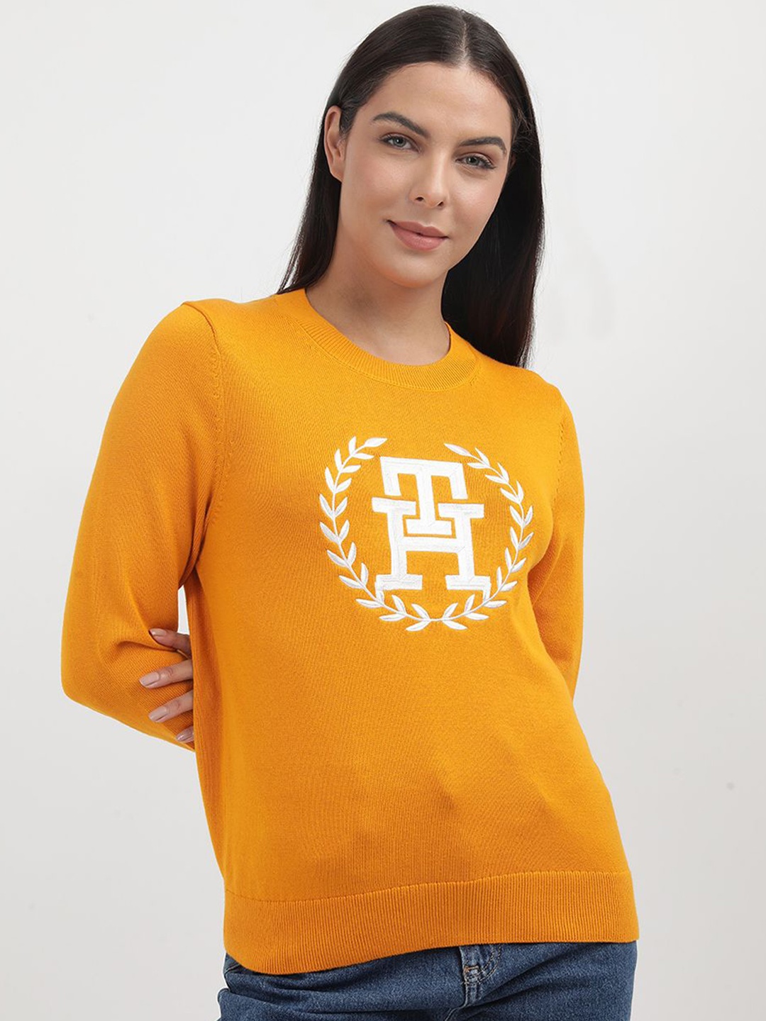 

Tommy Hilfiger Women Embroidered Graphic Printed Round Neck Sweatshirt, Orange