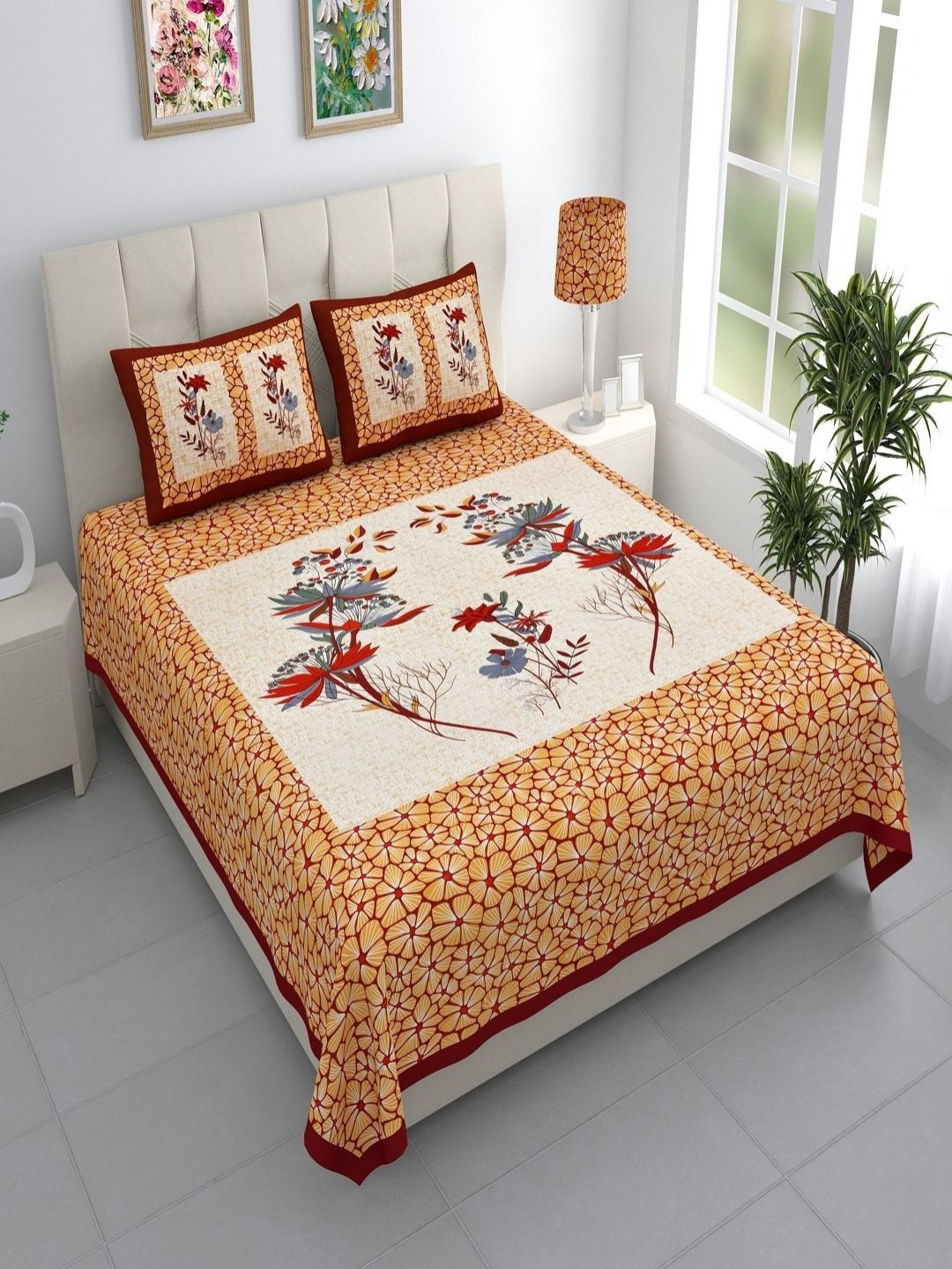 

Aura Maroon & Grey Floral 144 TC King Bedsheet with 2 Pillow Covers