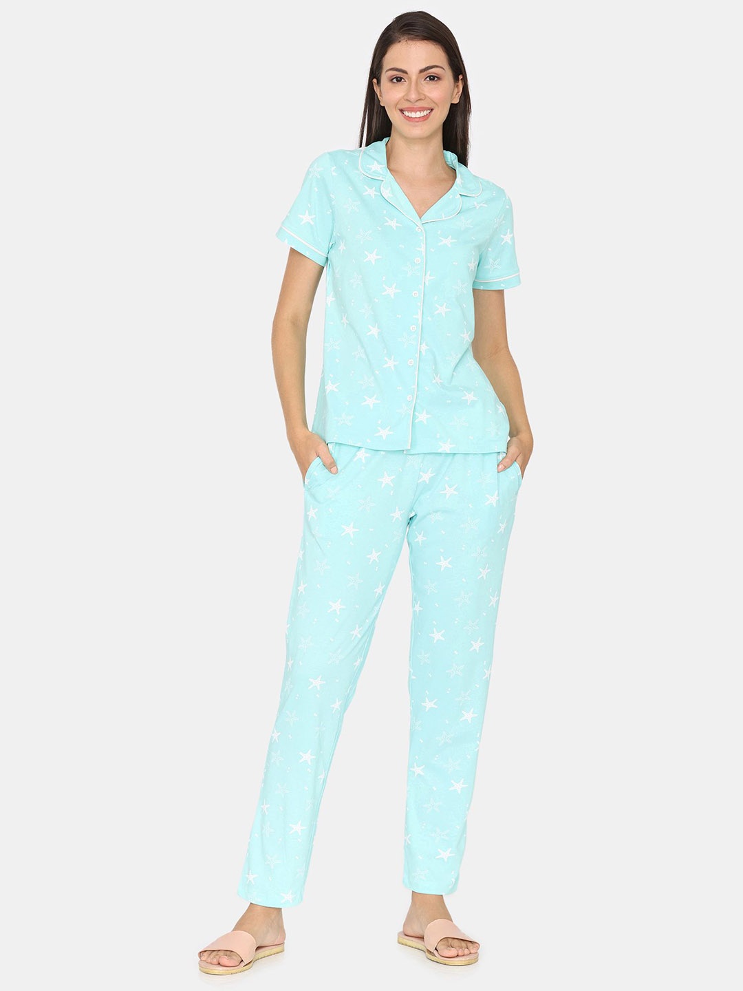 

Zivame Women Geometric Printed Night suit, Blue