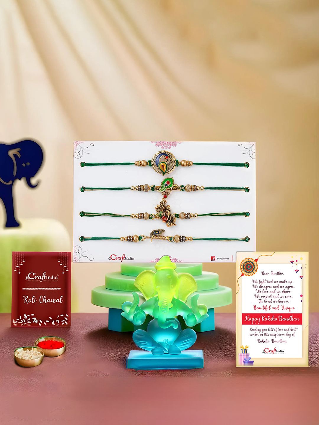 

eCraftIndia Set of 5 Designer Rakhis With Crystal Ganesha Idol, Gold