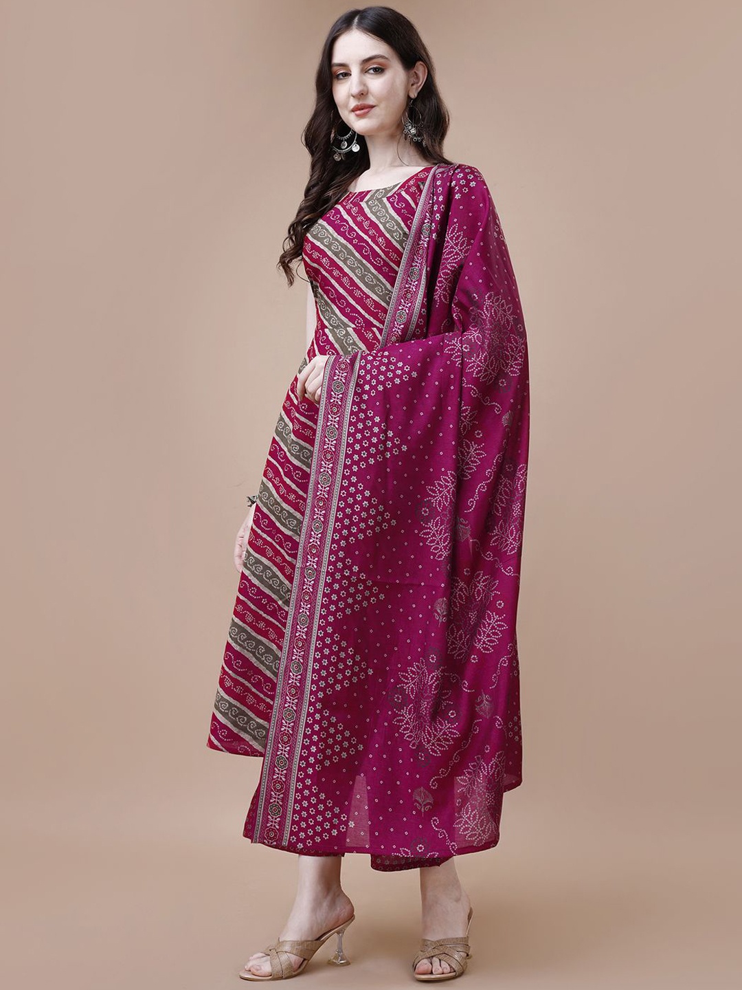 

KALINI Bandhani Printed Round Neck Anarkali Kurta with Palazzos & Dupatta, Pink