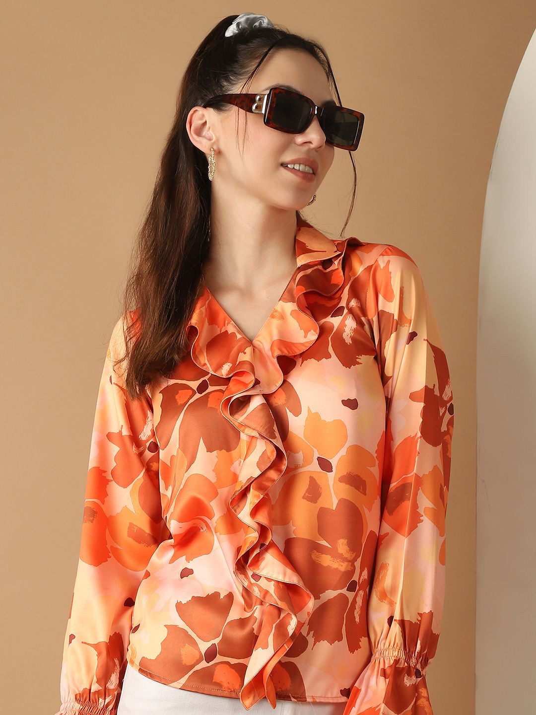 

Indian Needle Women Floral Printed V-Neck Cotton Top, Orange