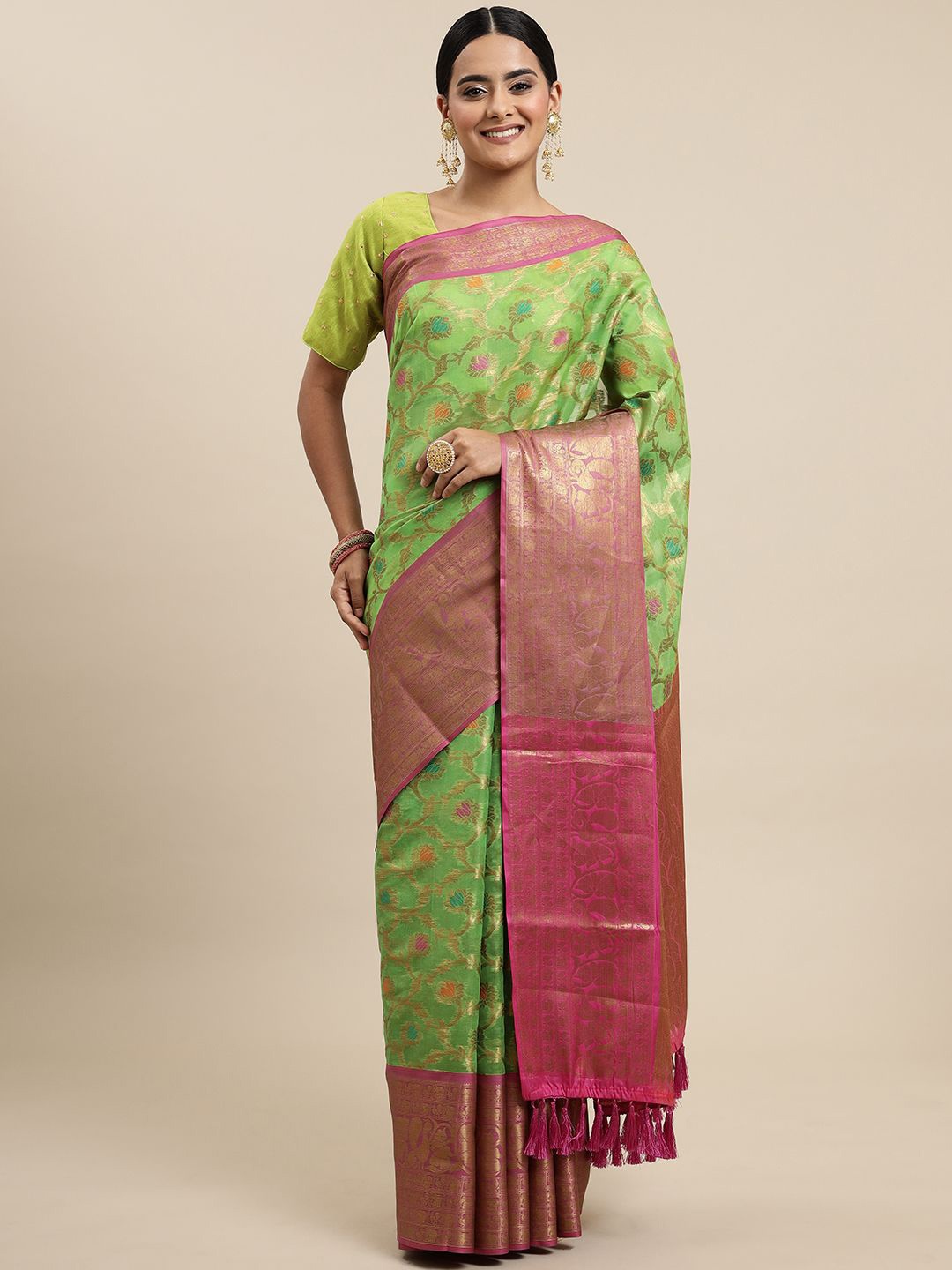 

KIMISHA Woven Design Zari Organza Kanjeevaram Saree, Green