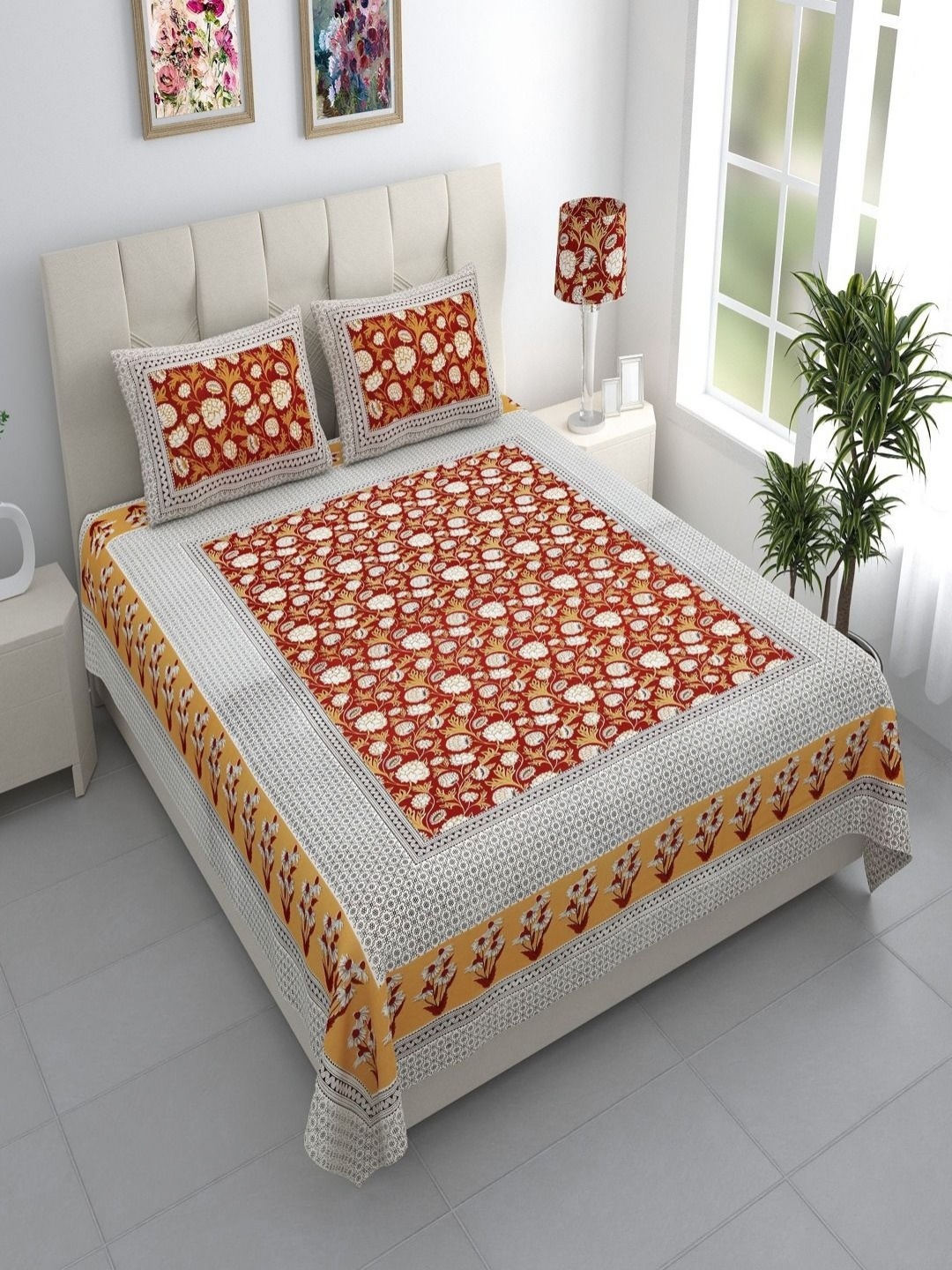 

Bombay Spreads Mustard & White Floral 144 TC King Bedsheet with 2 Pillow Covers