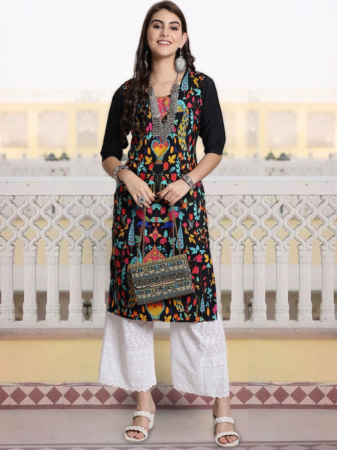 

7Threads Ethnic Motifs Printed Round Neck Straight Kurta, Black