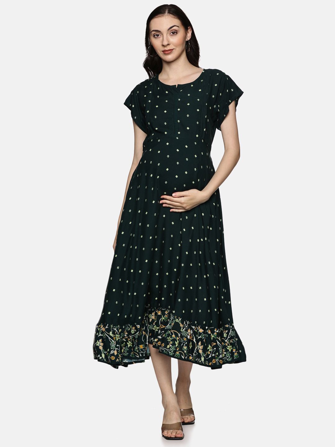 

Nejo Printed Maternity Fit and Flare Midi Dress, Green