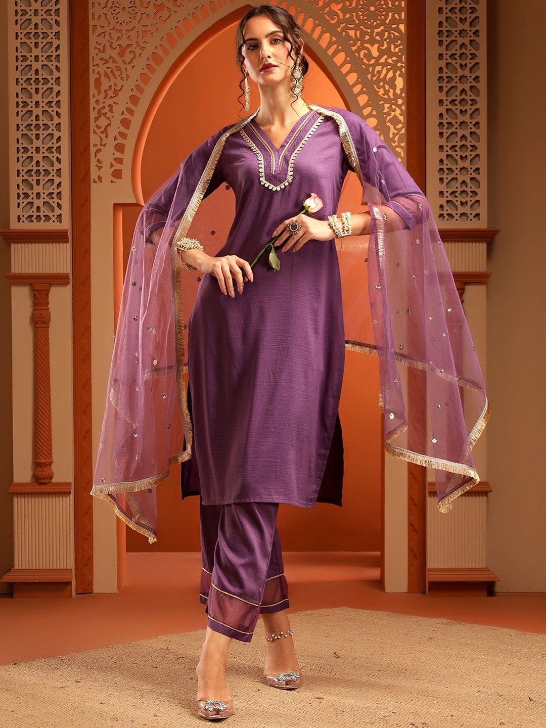 

Bani Women Striped Yoke Design Gotta Patti V-Neck Straight Kurta With Palazzos & Dupatta, Purple