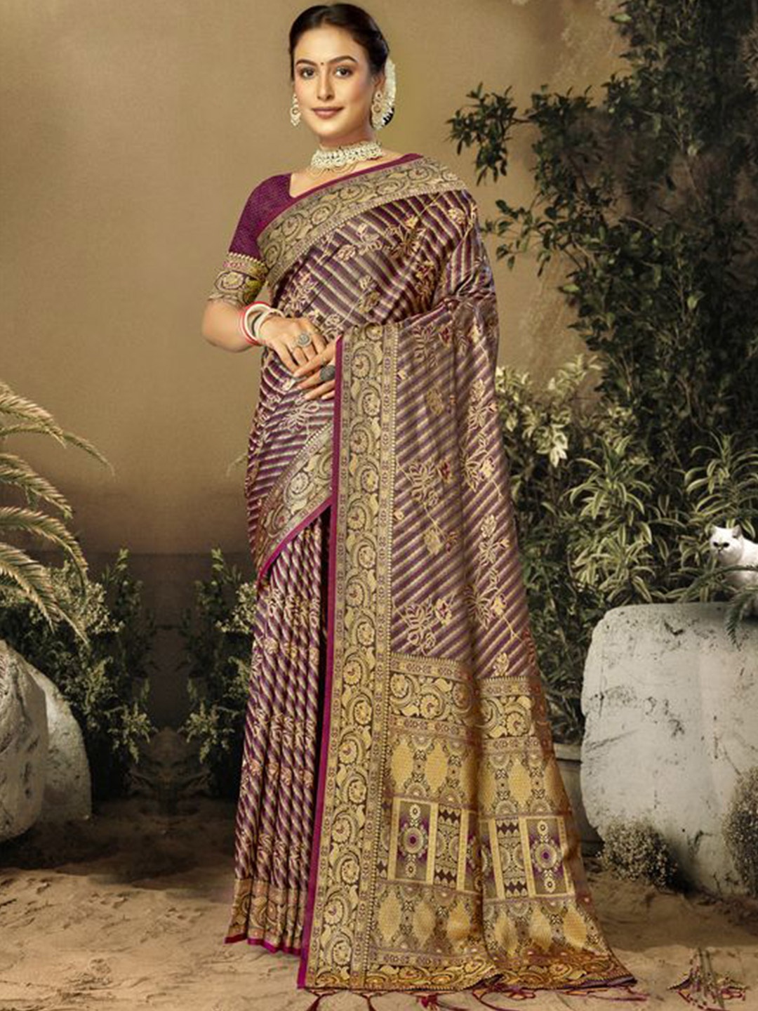 

Exclusiva Floral Satin Saree with Zari border, Purple