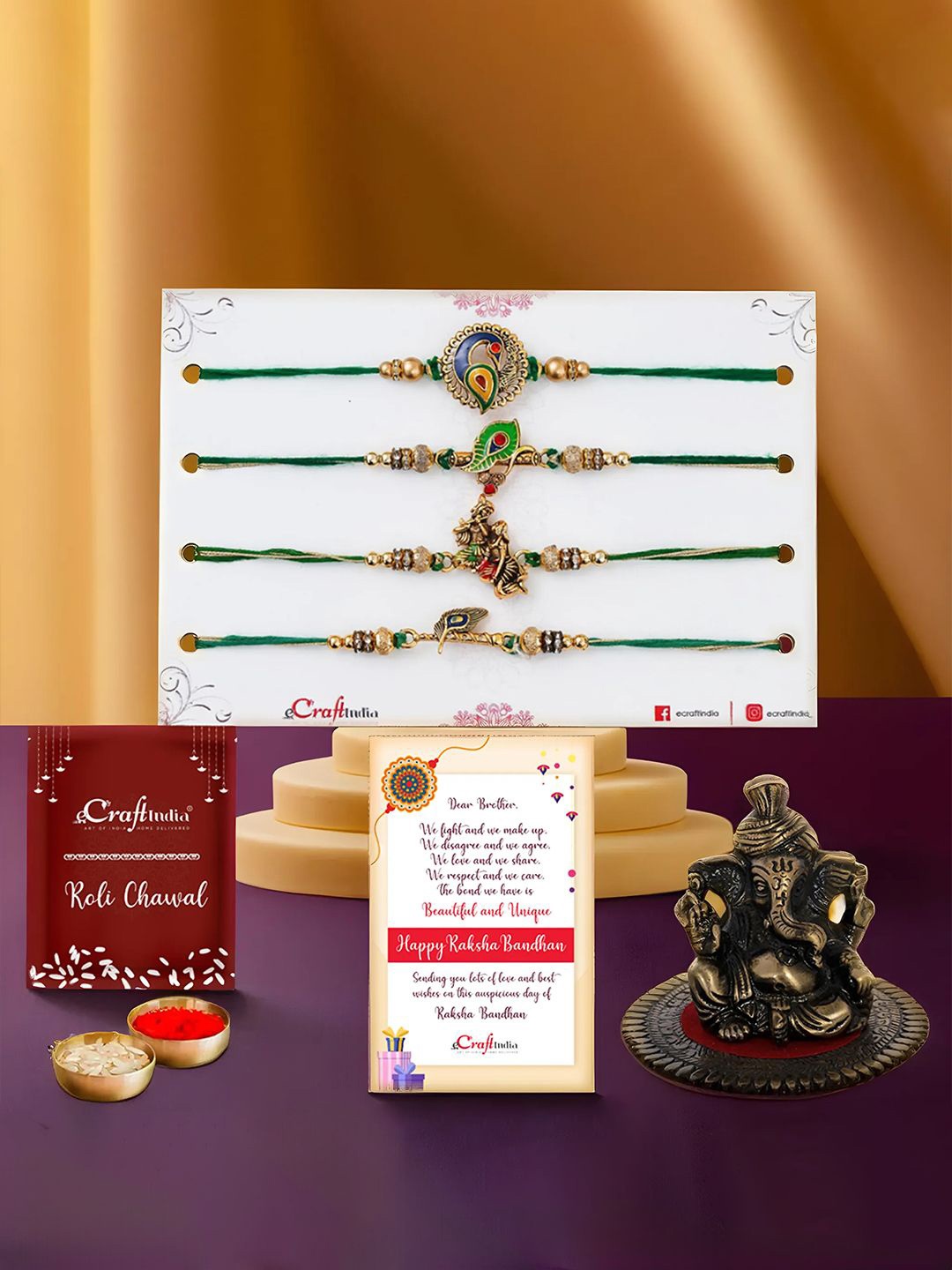 

eCraftIndia Set Of 4 Rakhi With Lord Ganesha Idol & Greeting Card & Roli Chawal, Gold