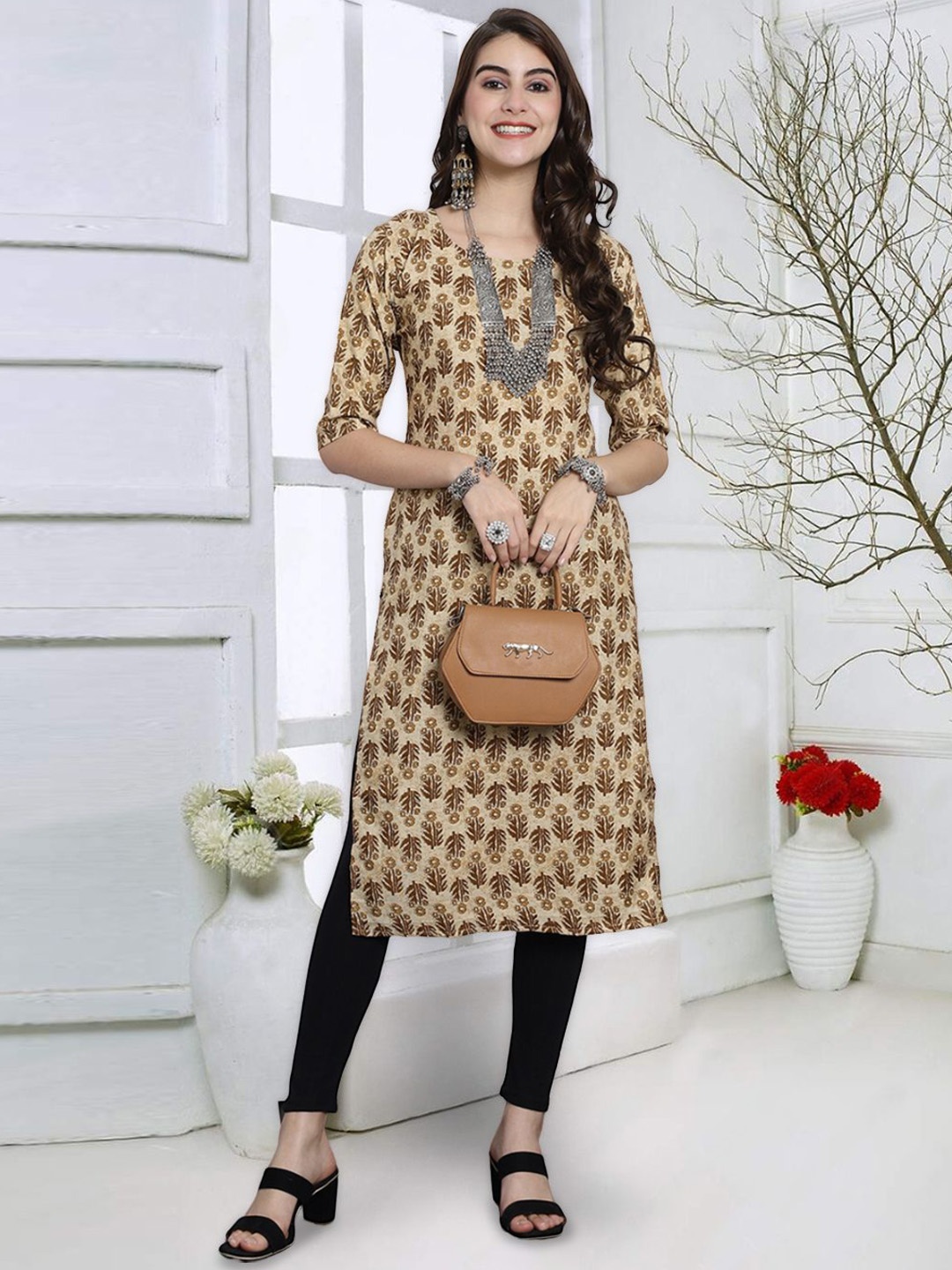 

KALINI Floral Printed Round Neck Crepe Straight Kurta, Brown