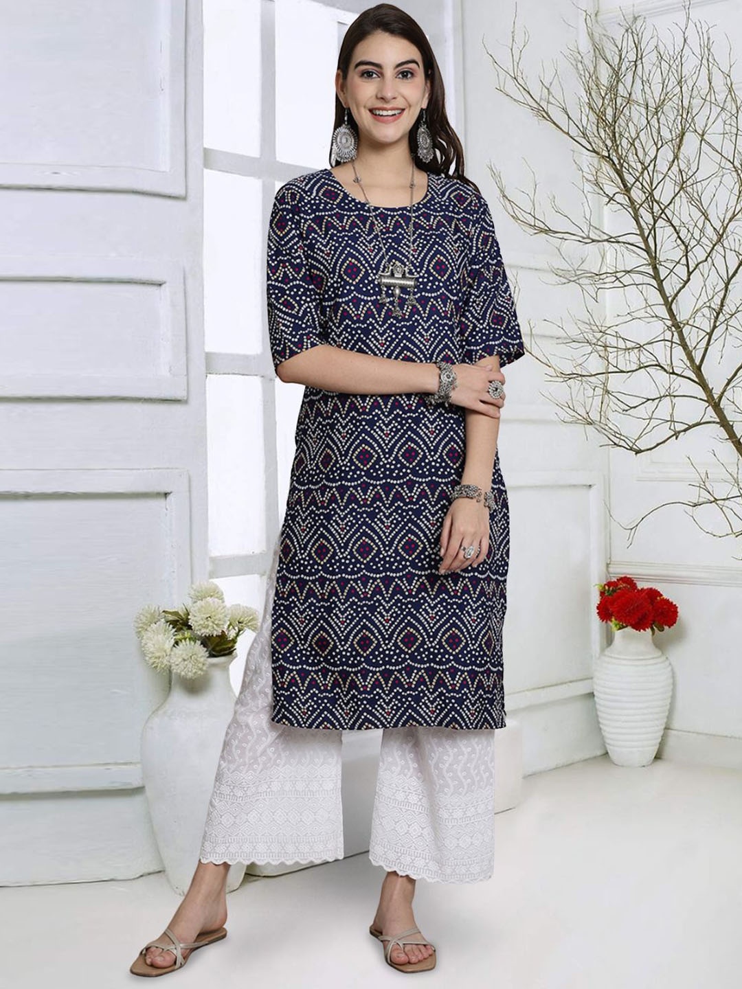 

7Threads Bandhani Printed Round Neck Straight Kurta, Navy blue