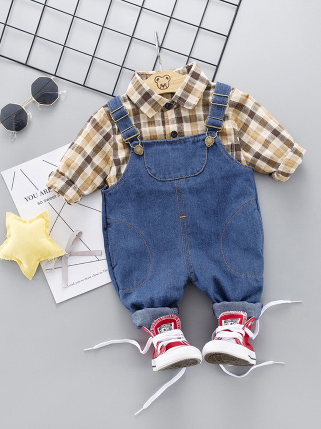 

INCLUD Boys Checkered Shirt With Denim Dungaree Set, Blue