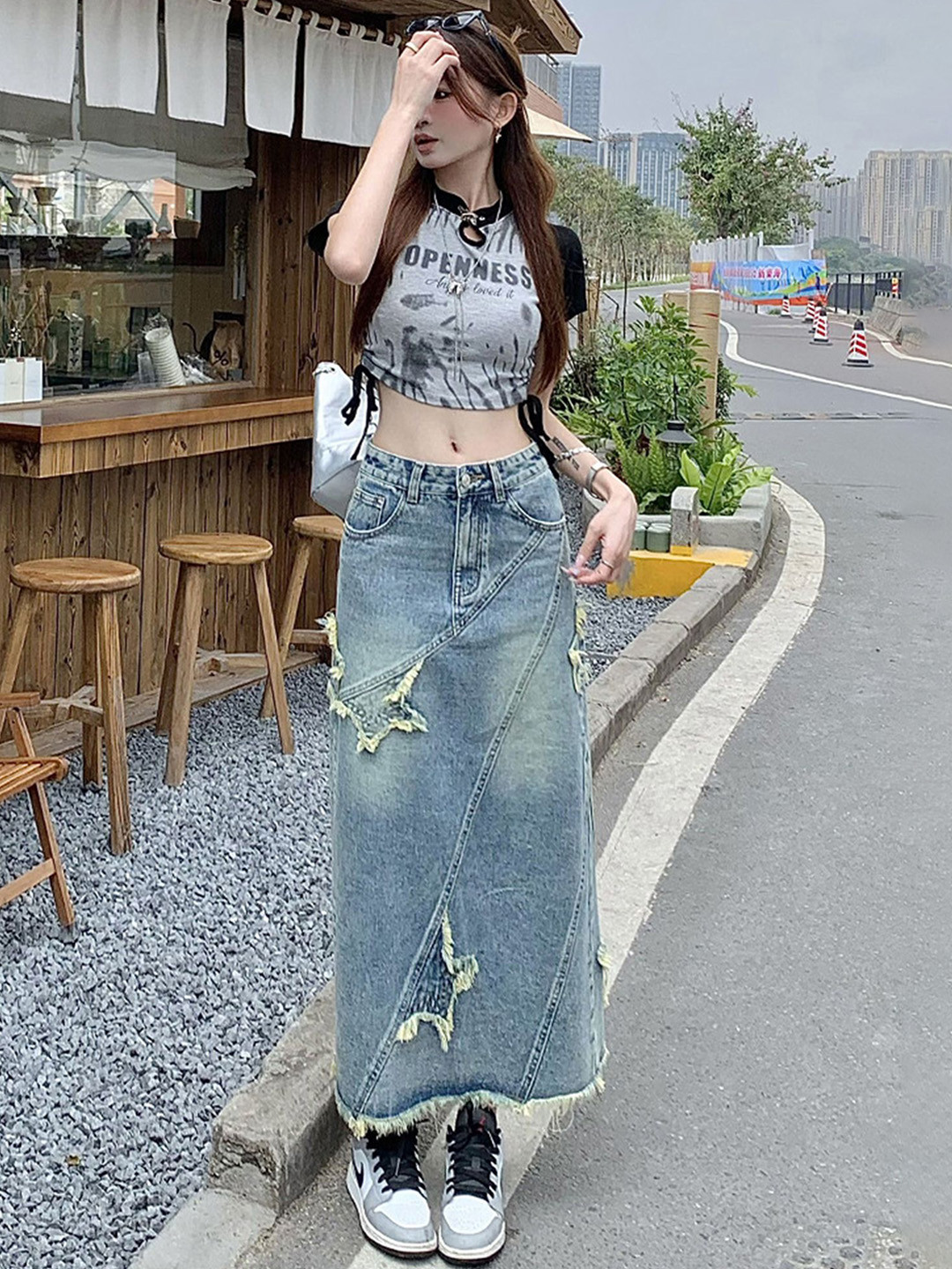 

LULU & SKY Retro Raw Detail Denim Maxi Skirt, Blue