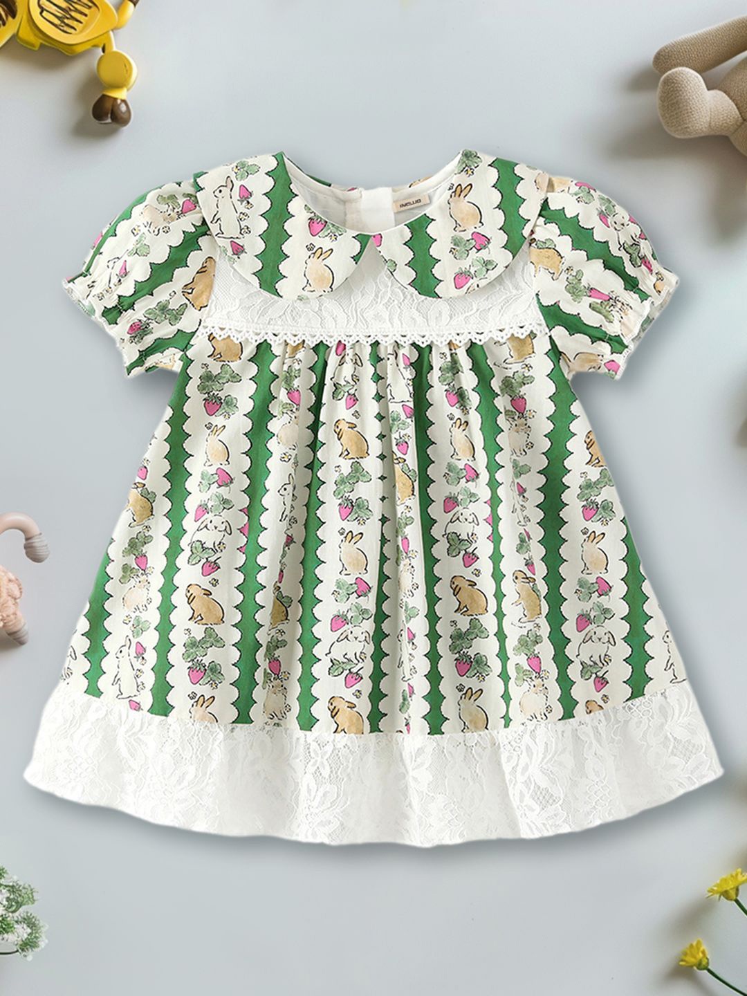 

INCLUD Girls Printed Peter Pan Collar Puff Sleeve Fit & Flare Dress, Green