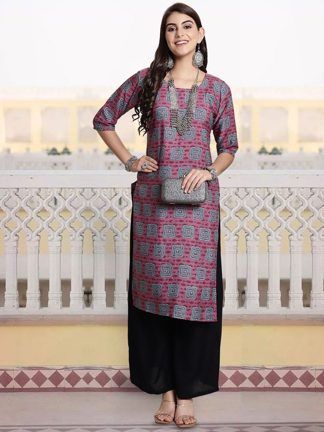

7Threads Geometric Printed Round Neck Straight Kurta, Grey