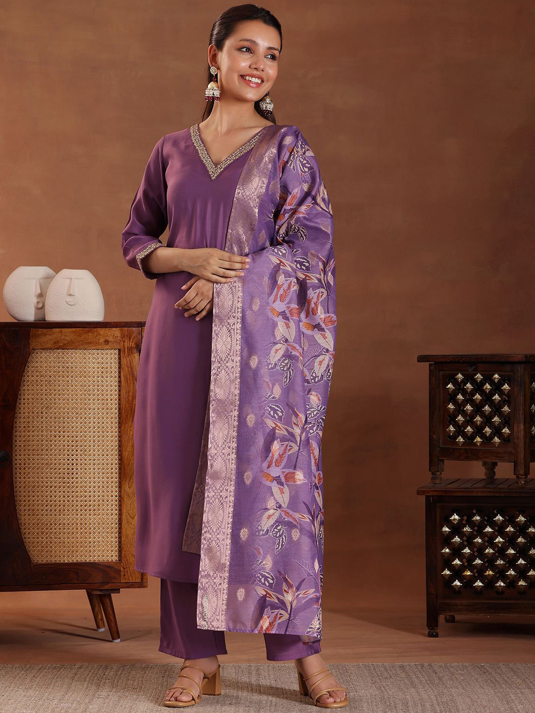 

Libas V-Neck Sequinned Straight Kurta With Trousers & Dupatta, Purple
