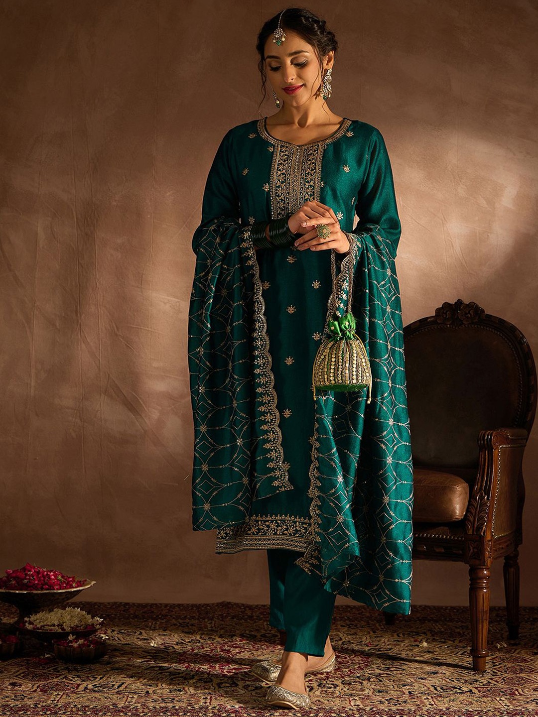 

Indo Era Floral Embroidered Thread Work Straight Kurta With Trousers & Dupatta, Sea green