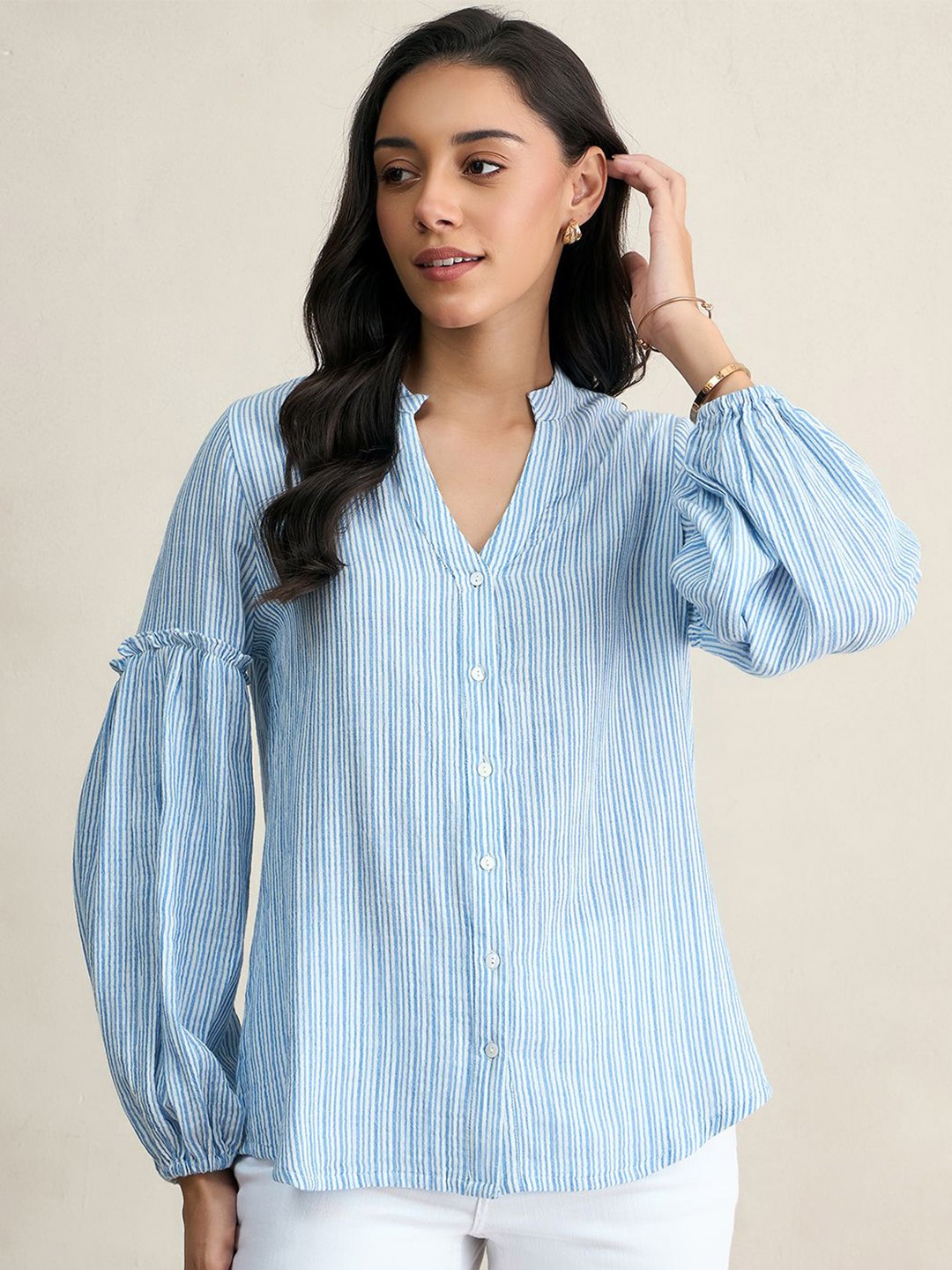 

FEMMELLA Women Comfort Mandarin Collar Multi Striped Cotton Casual Shirt, Blue