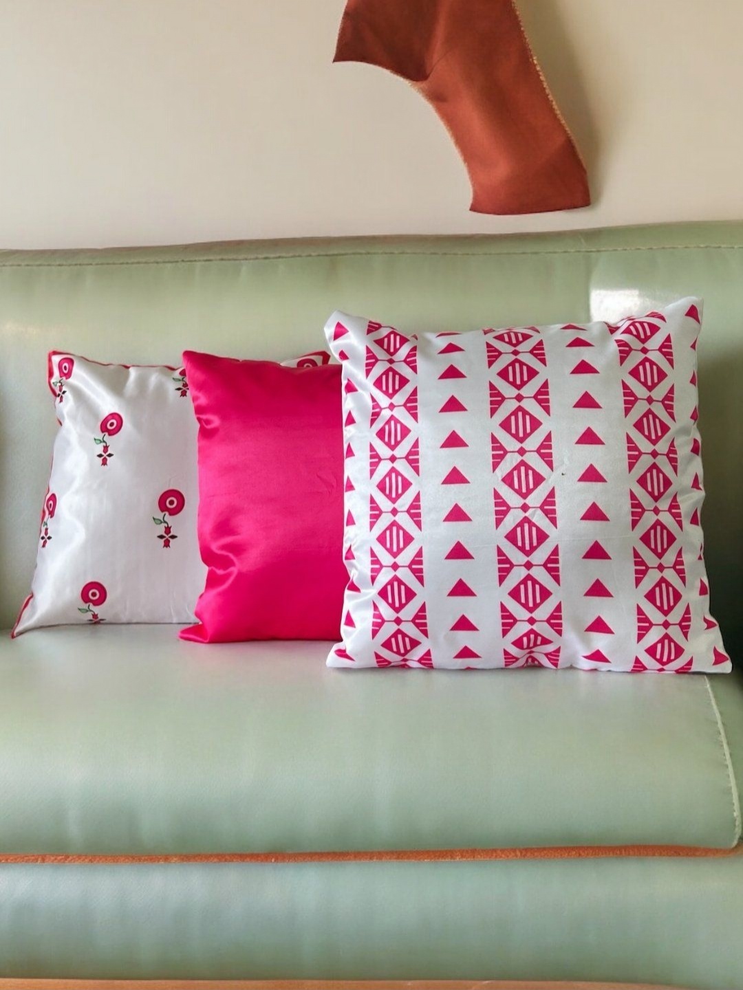 

PLAYFUL STITCHES White & Pink Set of 3 Floral Satin Square Cushion Covers