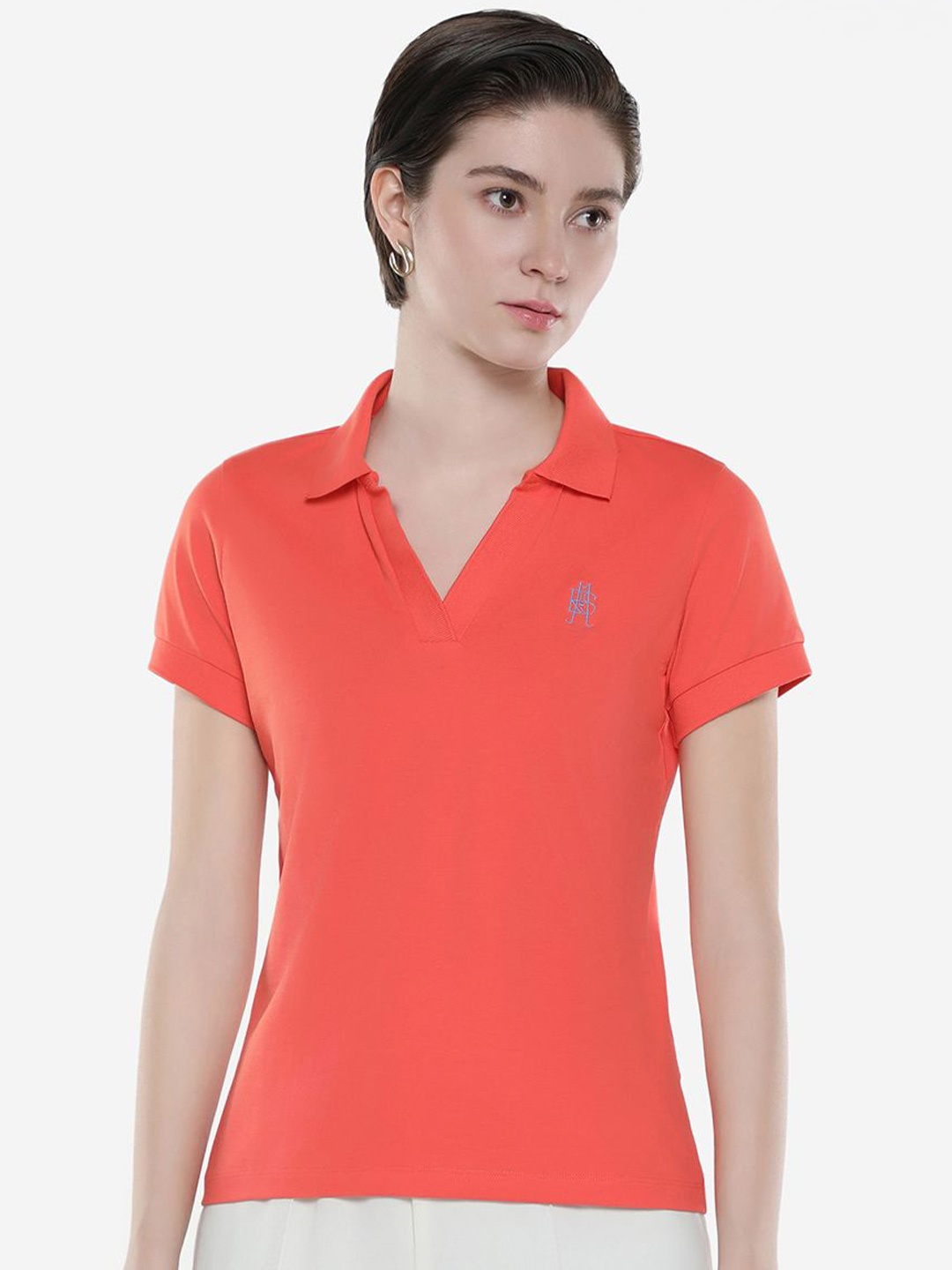 

RAREISM Women Solid Polo Collar Cotton T-Shirt, Orange