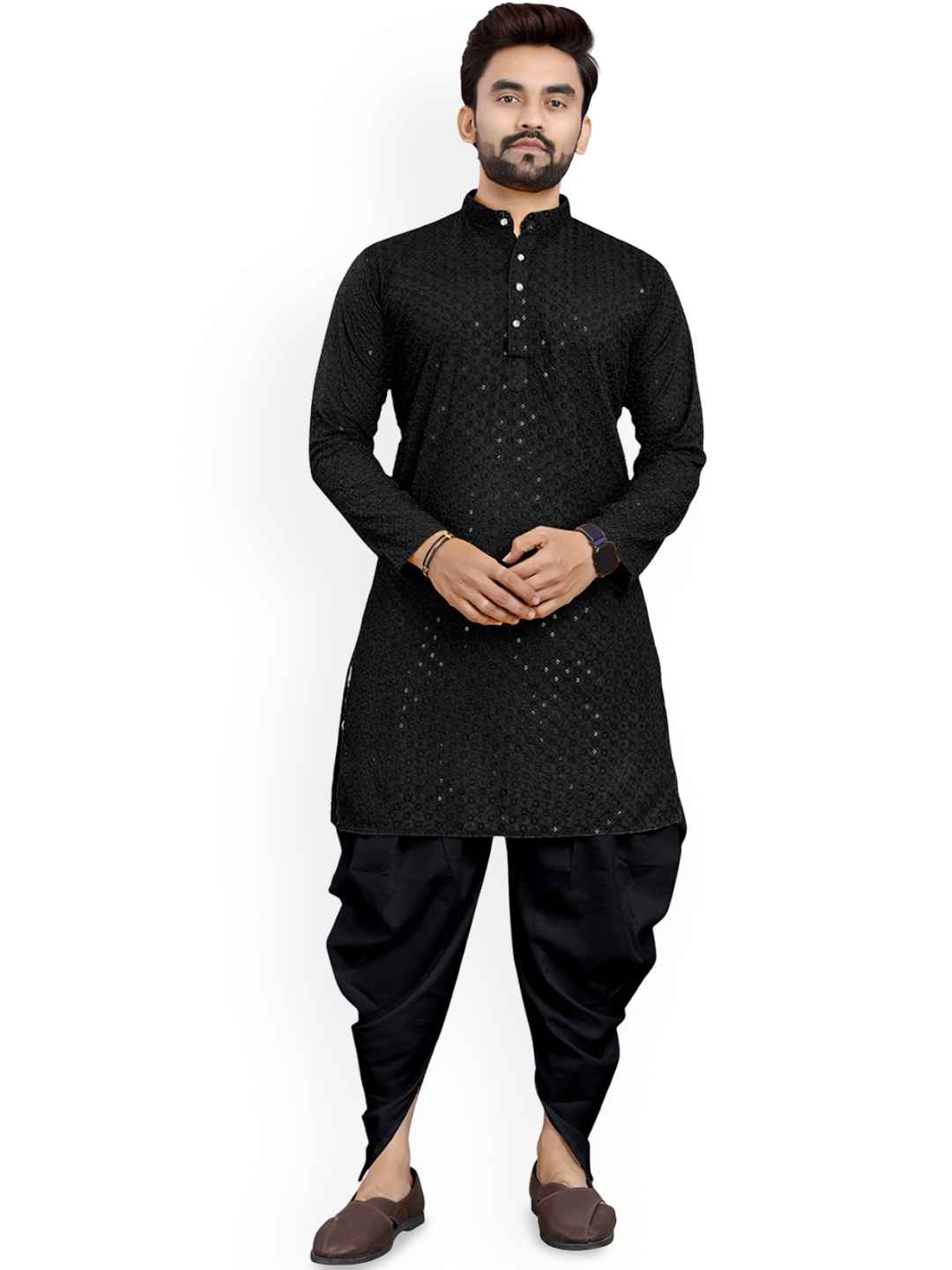 

trustous Floral Embroidered Sequinned Mandarin Collar Straight Kurta with Dhoti Pants, Black