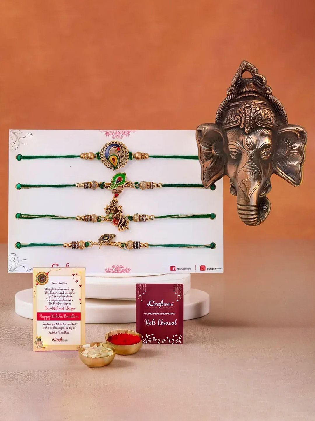 

eCraftIndia Set of 5 Beaded Rakhis With Ganesha Face Wall Hanging, Gold
