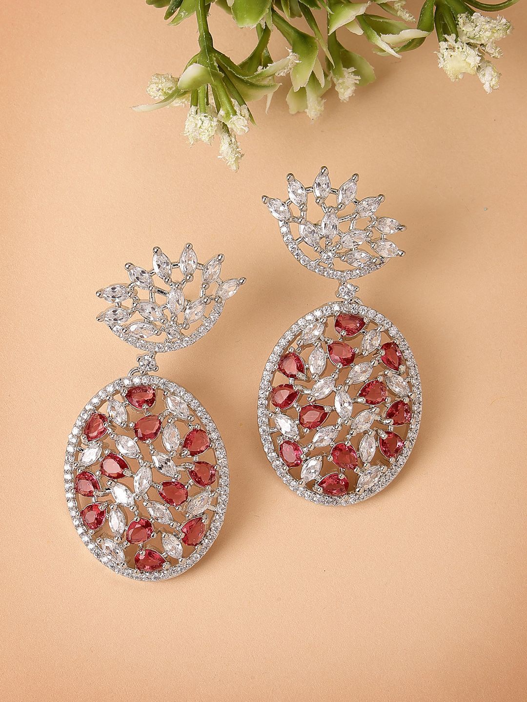 

ZENEME Rhodium Plated Floral American Diamond Studded Drop Earrings, Red