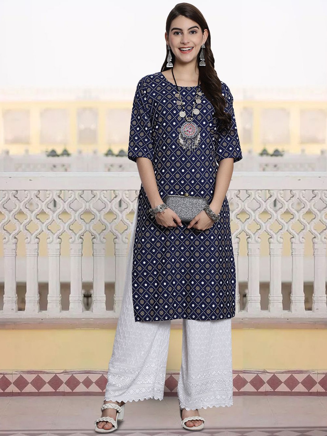 

7Threads Geometric Printed Round Neck Straight Kurta, Blue