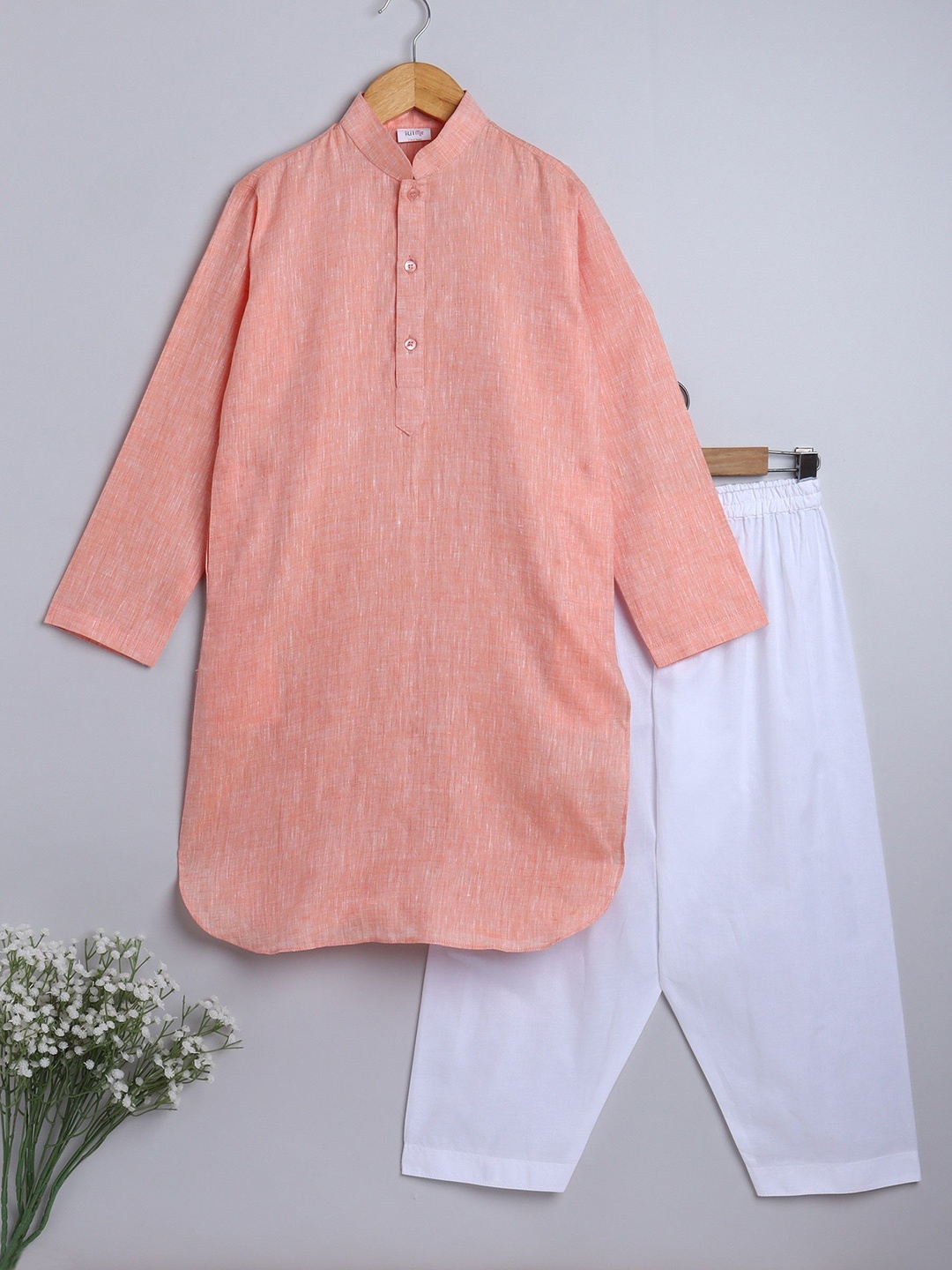 

Little Clothings Boys Band Collar Linen Straight Kurta With Churidar, Peach