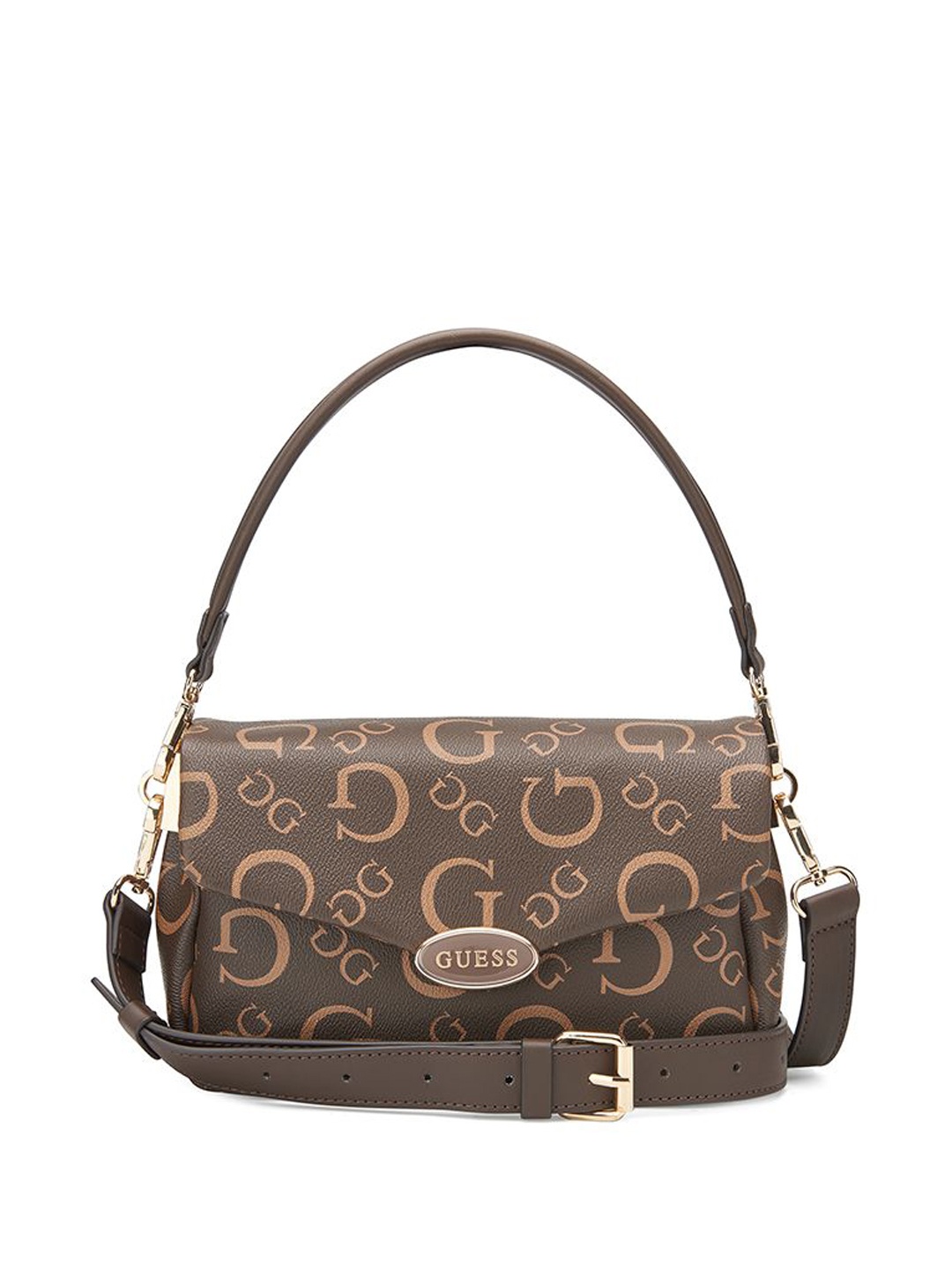 

GUESS Printed Structured Shoulder Bag with Applique, Brown
