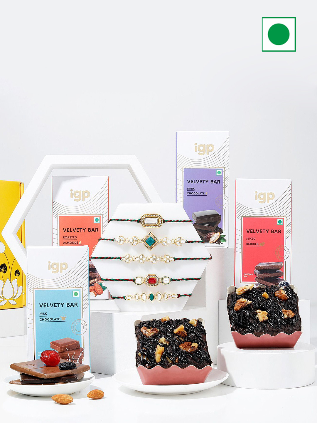

IGP Set Of 5 Rakhi & Choco Delights Hamper Gift Set, Red