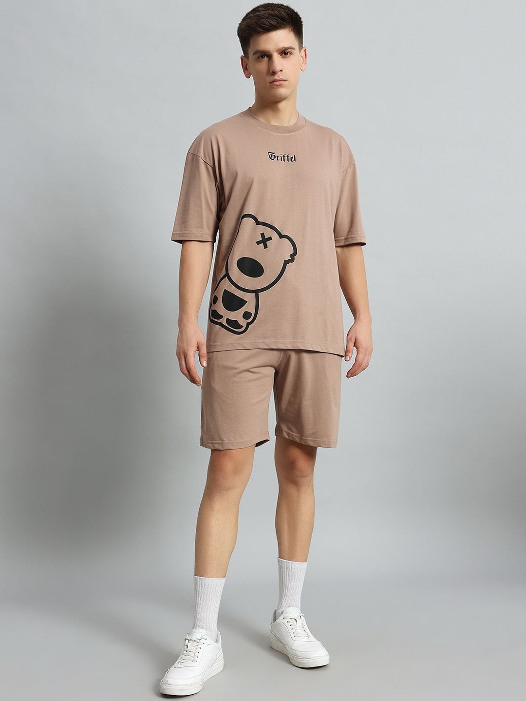 

GRIFFEL Printed Oversized Fit Cotton T-Shirt With Shorts, Beige