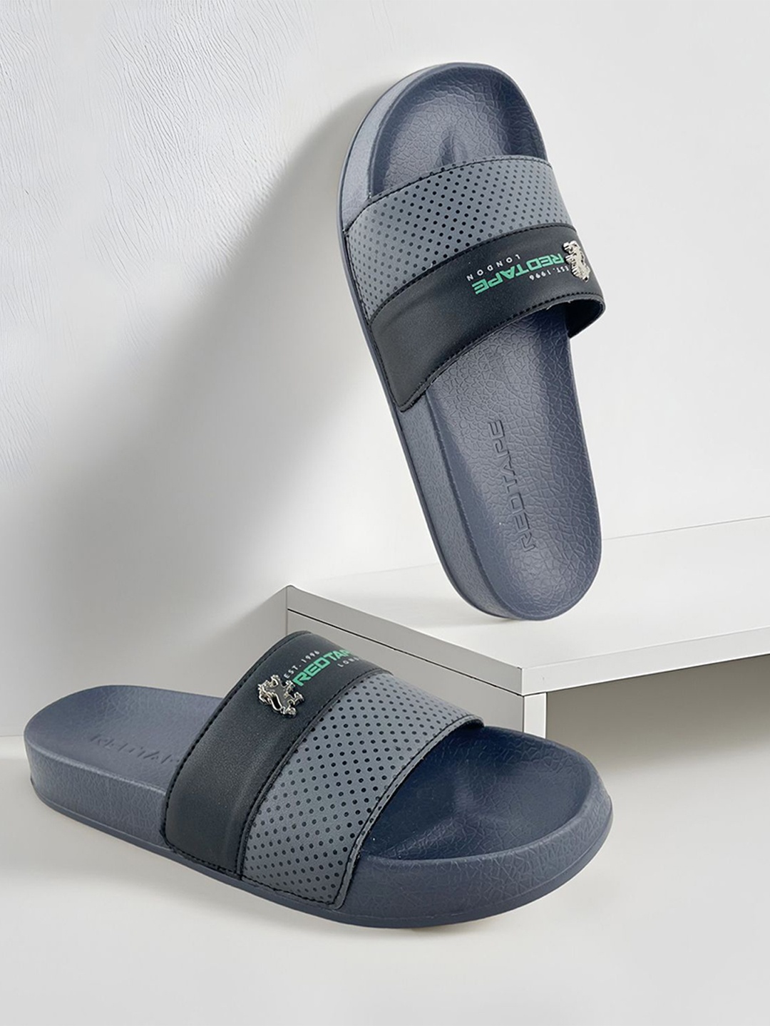 

Red Tape Men Printed Sliders Flip Flops, Grey