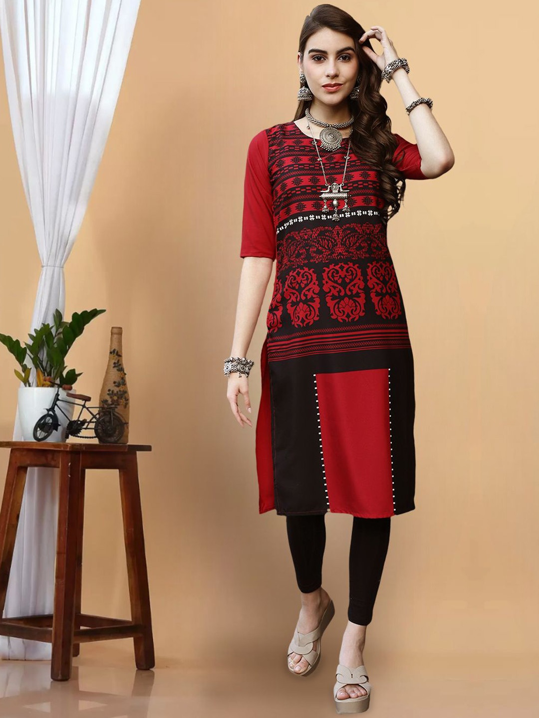 

7Threads Ethnic Motifs Printed Straight Kurta, Red