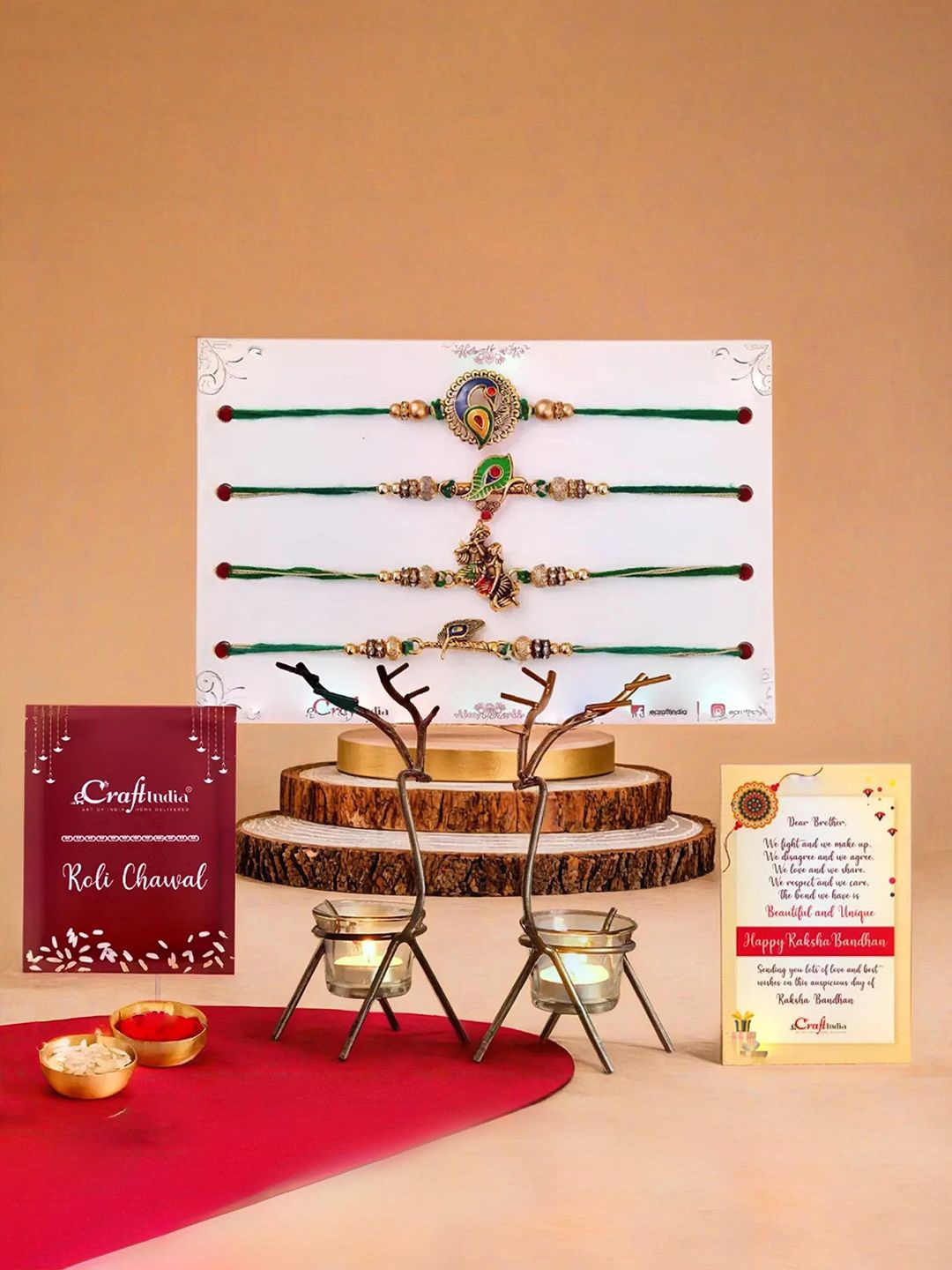 

eCraftIndia Set Of 6 Rakhis With Light Holders & Roli Chawal Gift Set, Gold
