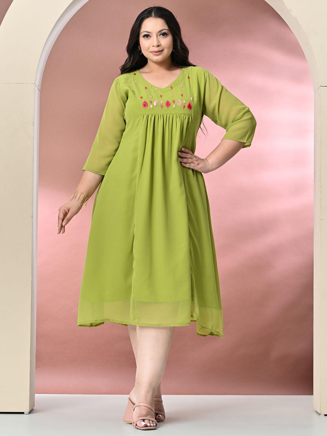 

PrettyPlus by Desinoor.com Plus Size Embellished Georgette A-Line Dress, Green