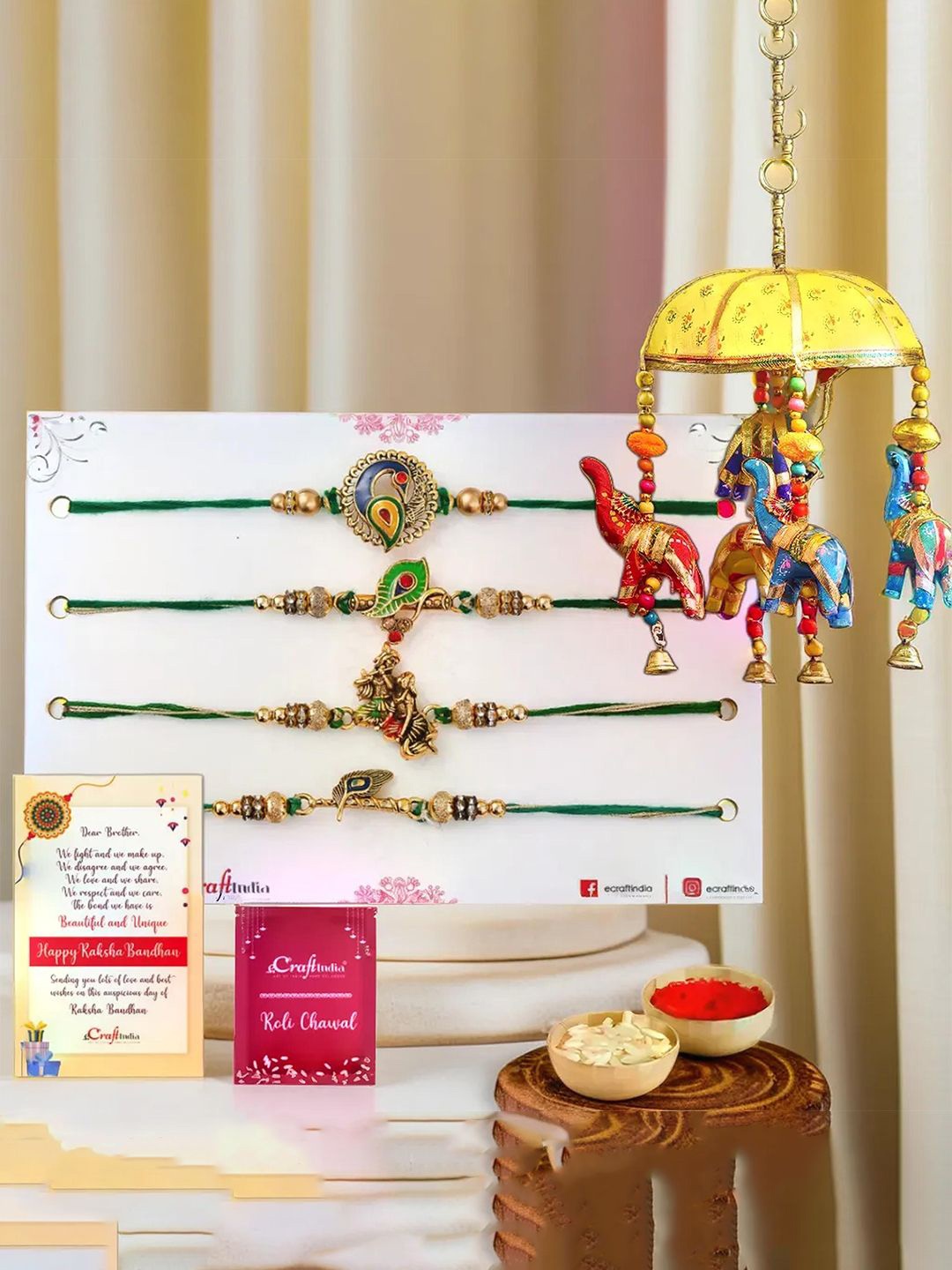 

eCraftIndia Set Of 5 Radha Krishna&Peacock Rakhis With Elephant Bells Window Wall Hanging, Yellow