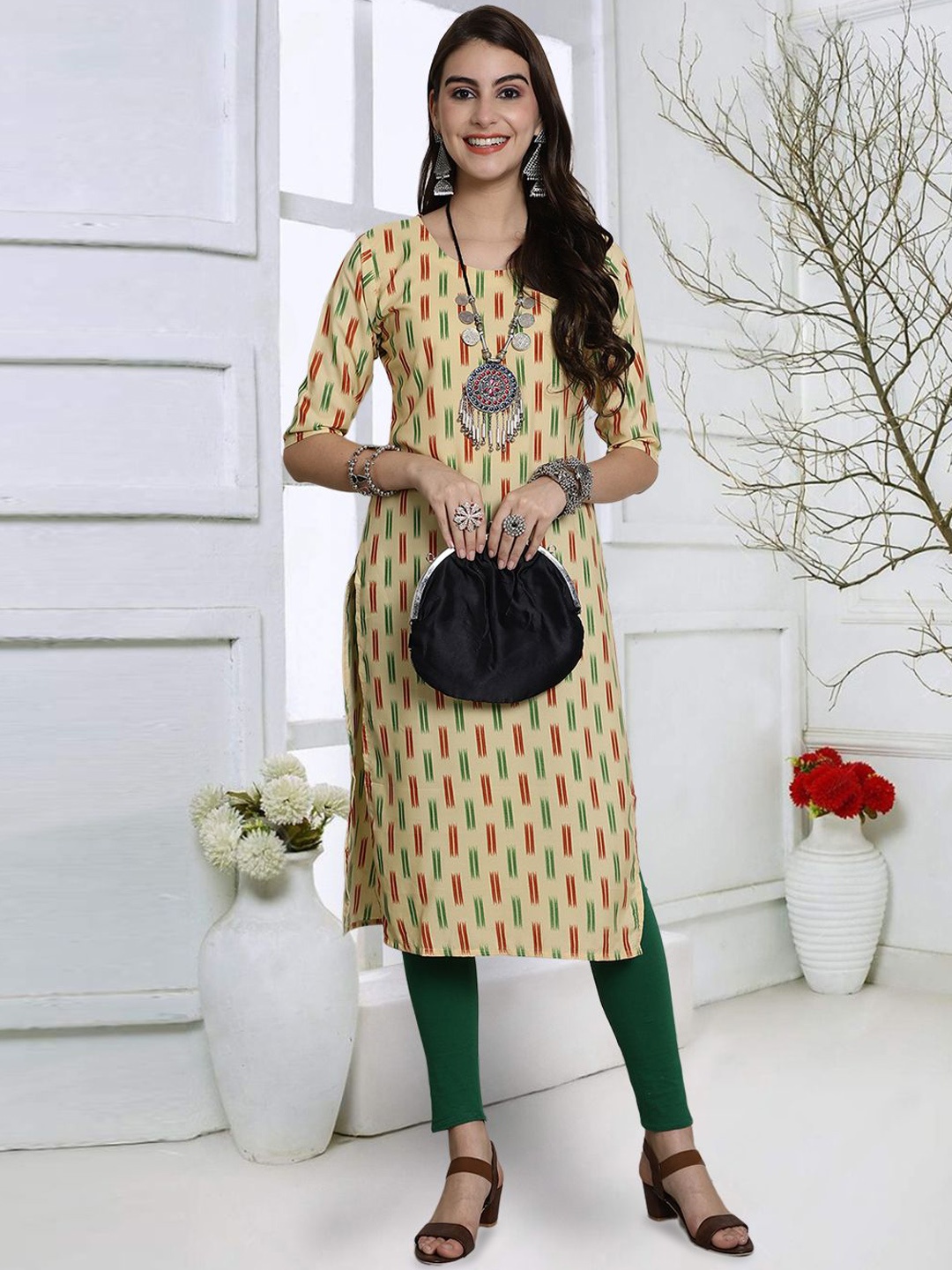 

7Threads Geometric Printed Round Neck Three Quarter Sleeves Straight Kurta, Beige