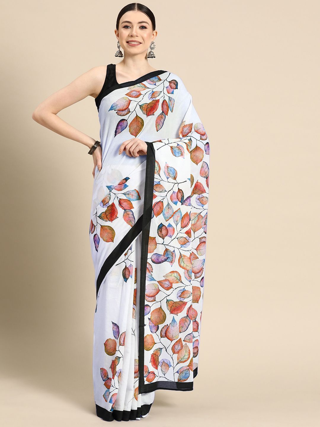 

BUTA BUTI Leaf Design Pure Cotton Saree, White
