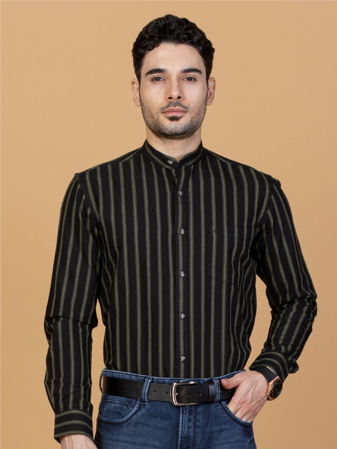 

Monterrey SF Men Smart Band Collar Striped Cotton Slim Fit Casual Shirt, Black