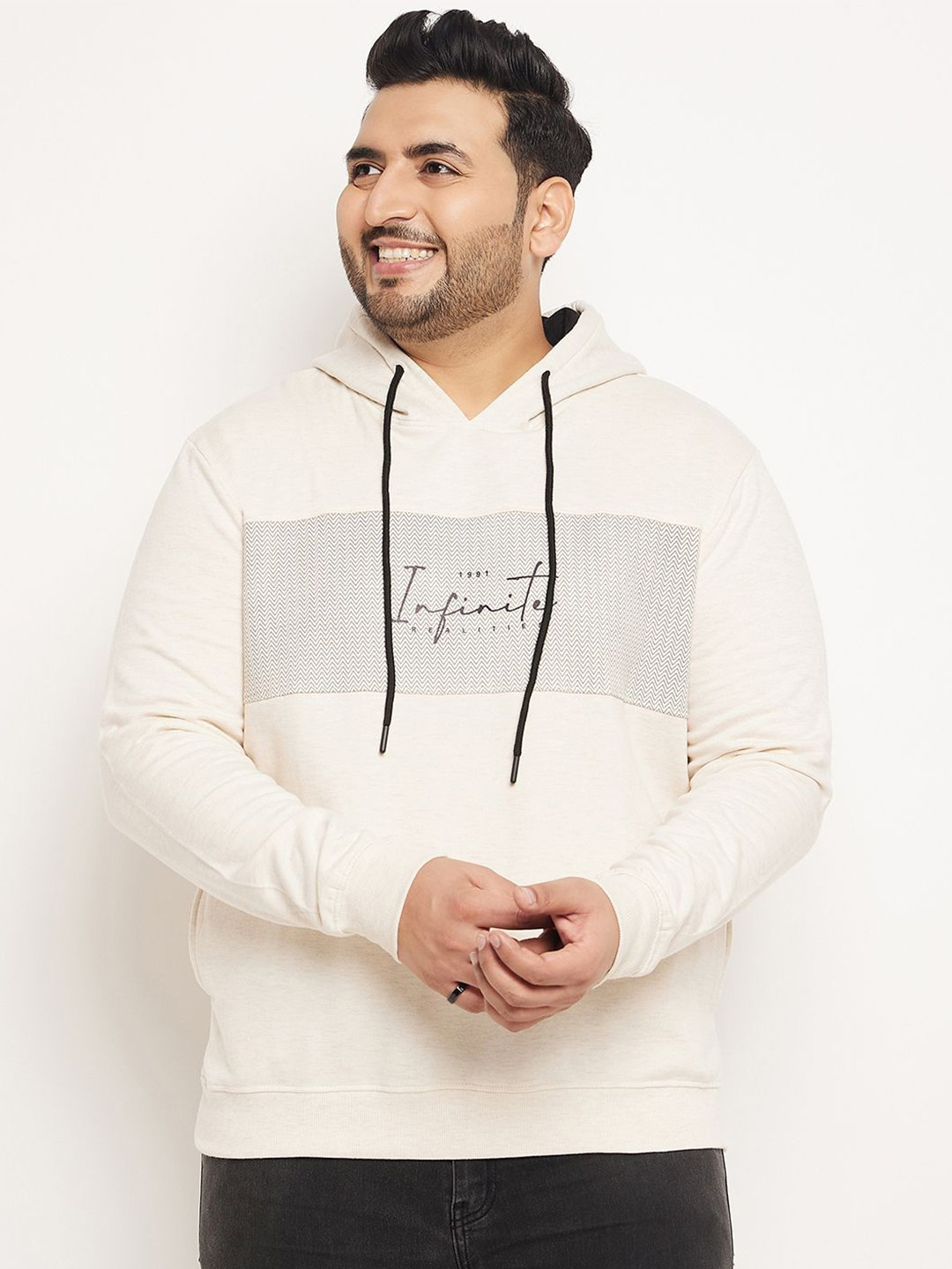

AUSTIVO Men Plus Size Typography Printed Hooded Sweatshirt, Beige