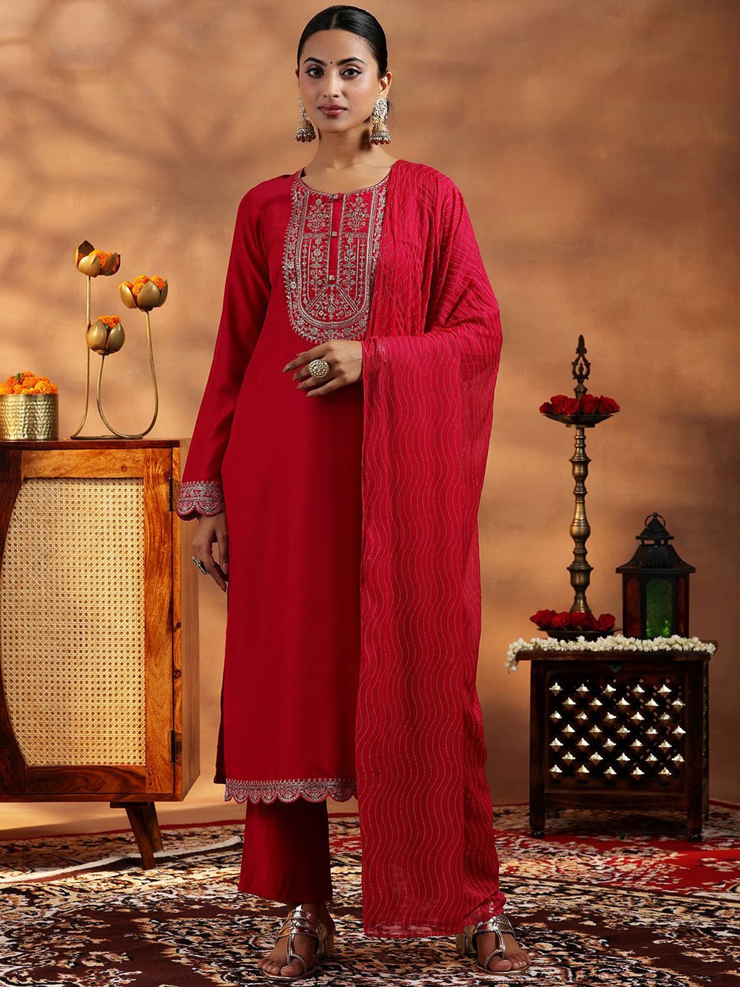 

Libas Floral Embroidered Sequinned Dobby Weave Straight Kurta With Trousers & Dupatta, Pink