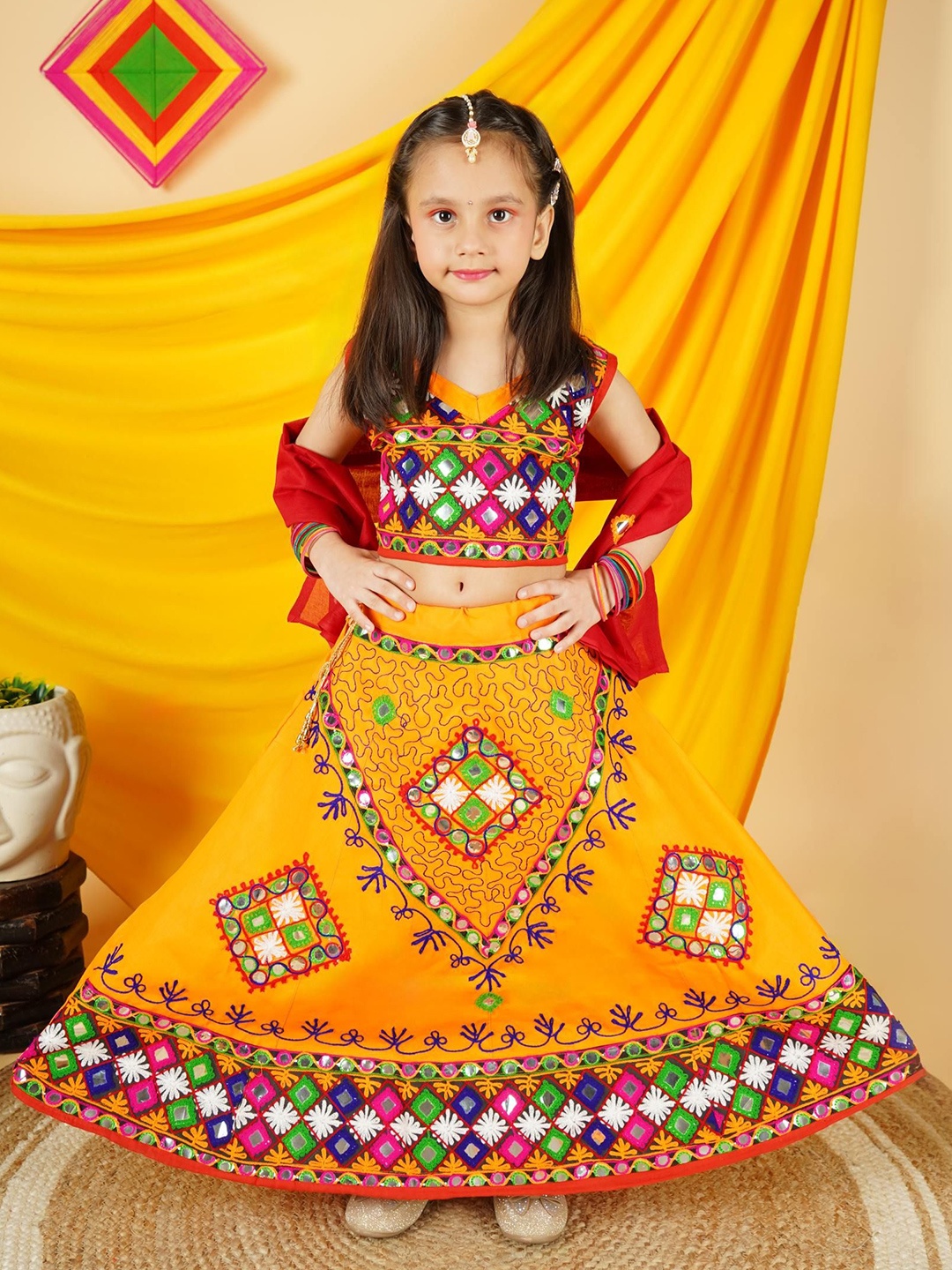 

ahhaaaa Girls Embroidered Mirror Work Cotton Ready to Wear Lehenga & Blouse With Dupatta, Yellow