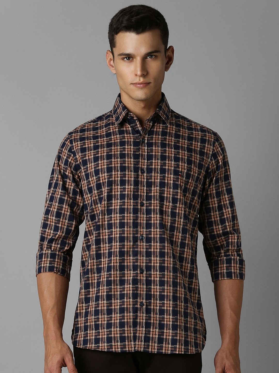 

Louis Philippe Sport Men Spread Collar Tartan Checked Cotton Slim Fit Casual Shirt, Navy blue