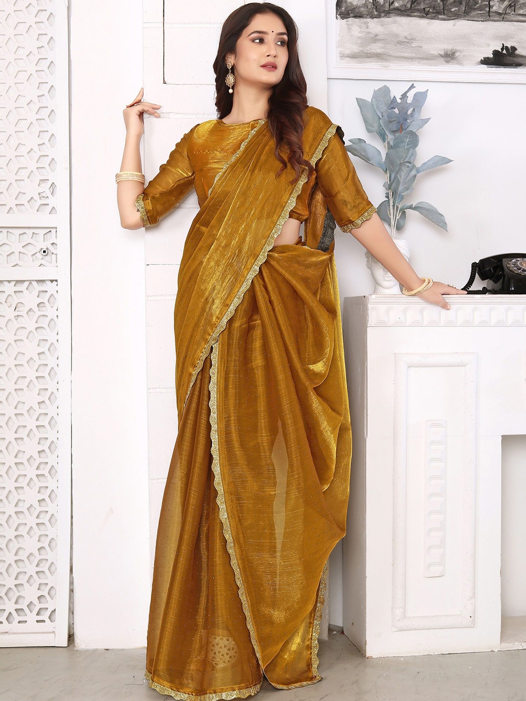 

DHARMEE Gotta Patti Embellished solid saree, Mustard