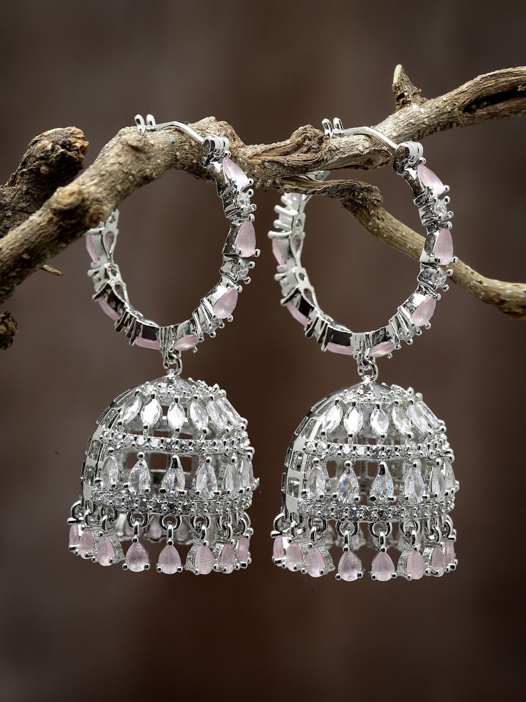 

ZENEME Silver Plated American Diamond Studded Contemporary Jhumkas Earrings, Pink